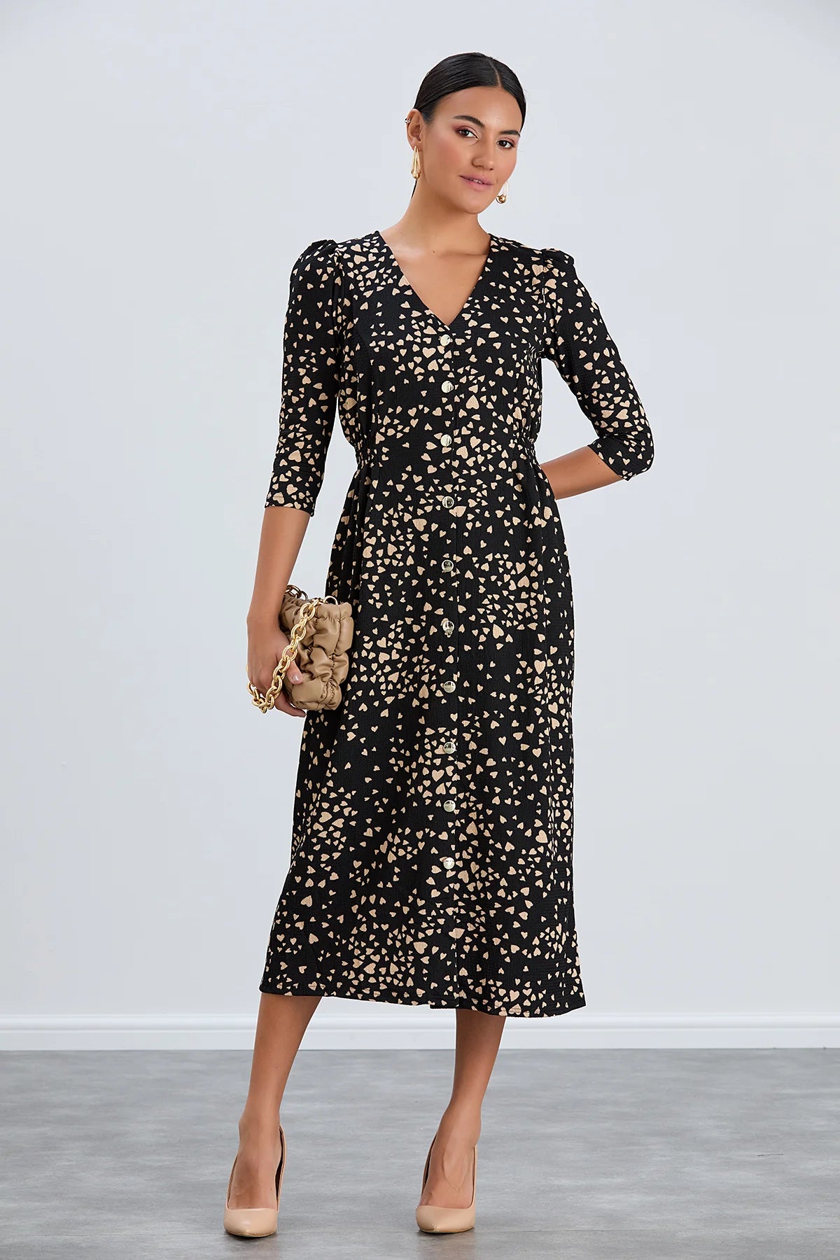 Heart Print Shirt Dress in Black