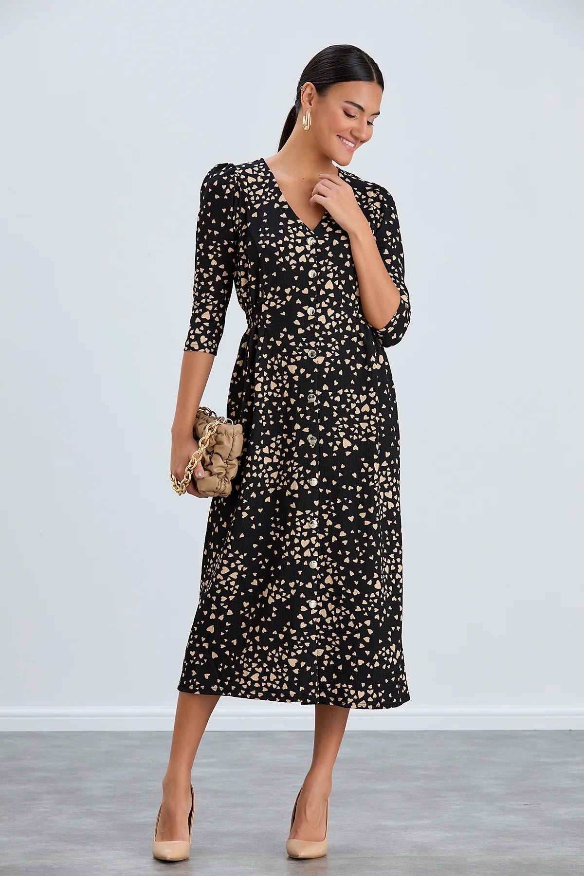 Heart Print Shirt Dress in Black