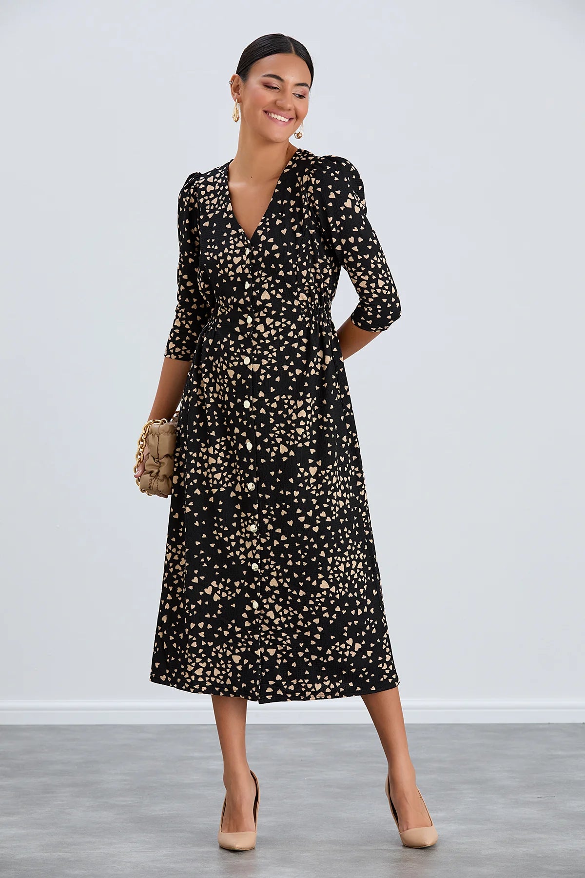 Heart Print Shirt Dress in Black