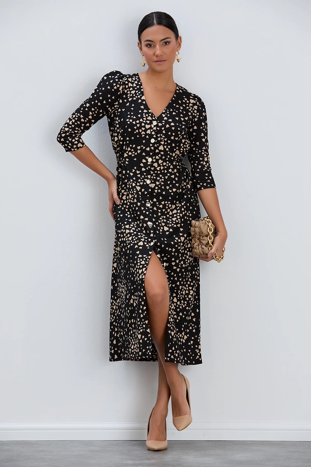 Heart Print Shirt Dress in Black