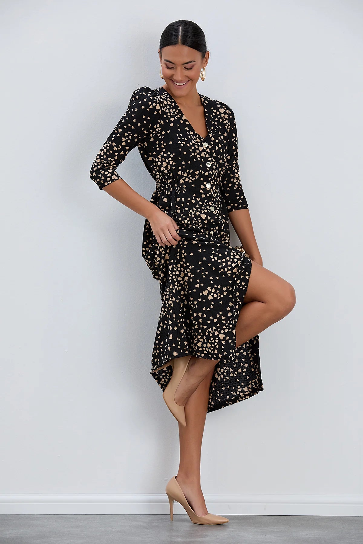 Heart Print Shirt Dress in Black