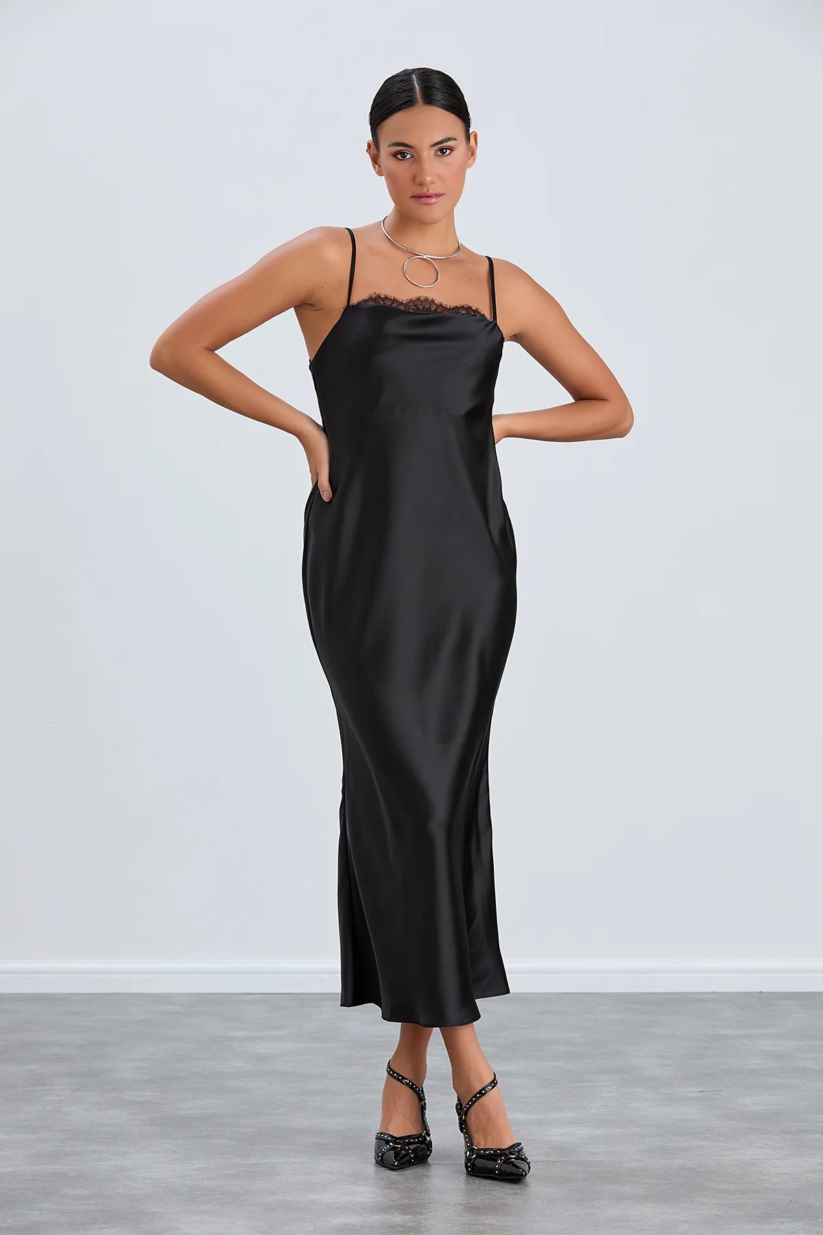 Satin Cami Midaxi Slip Dress in Black