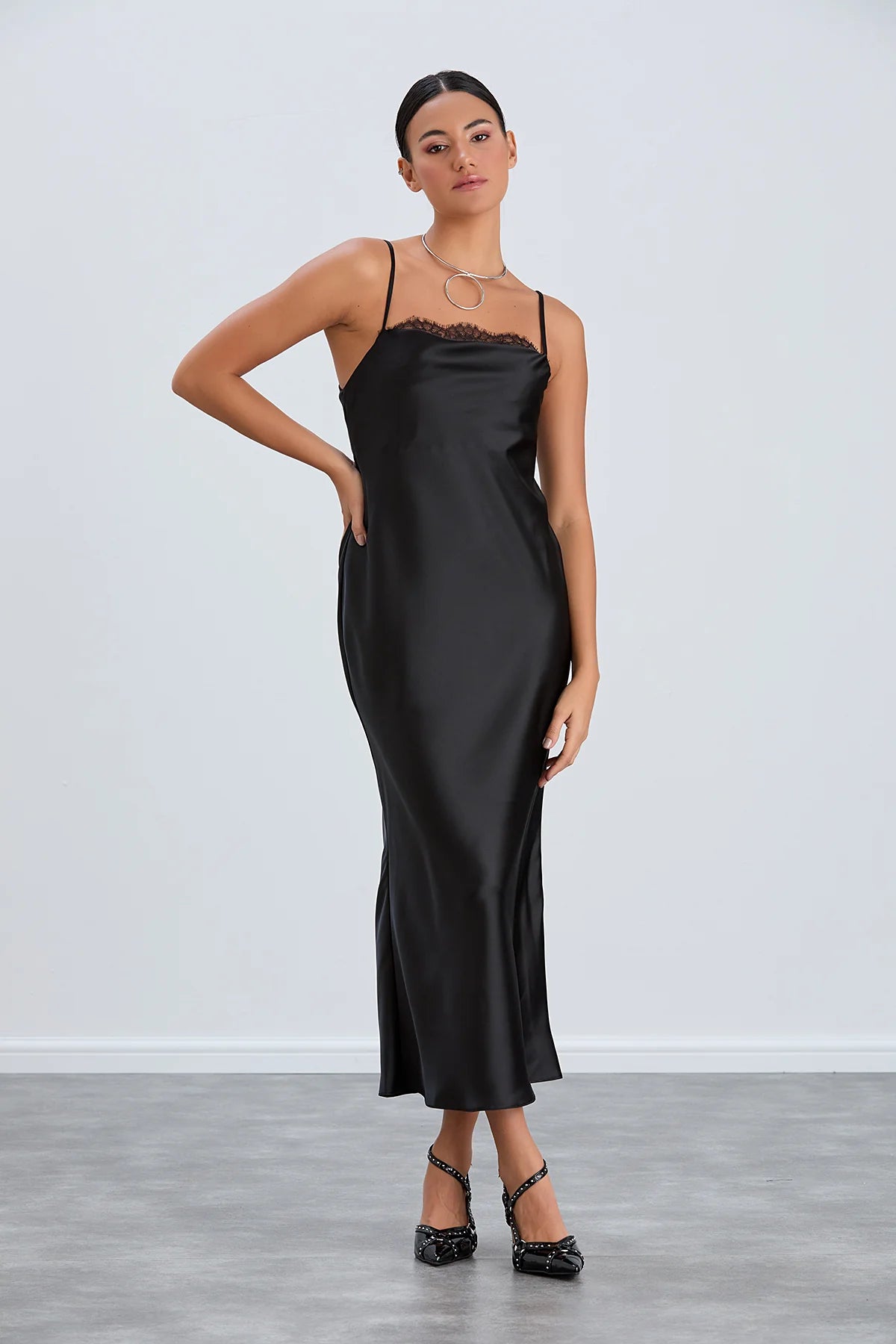 Satin Cami Midaxi Slip Dress in Black