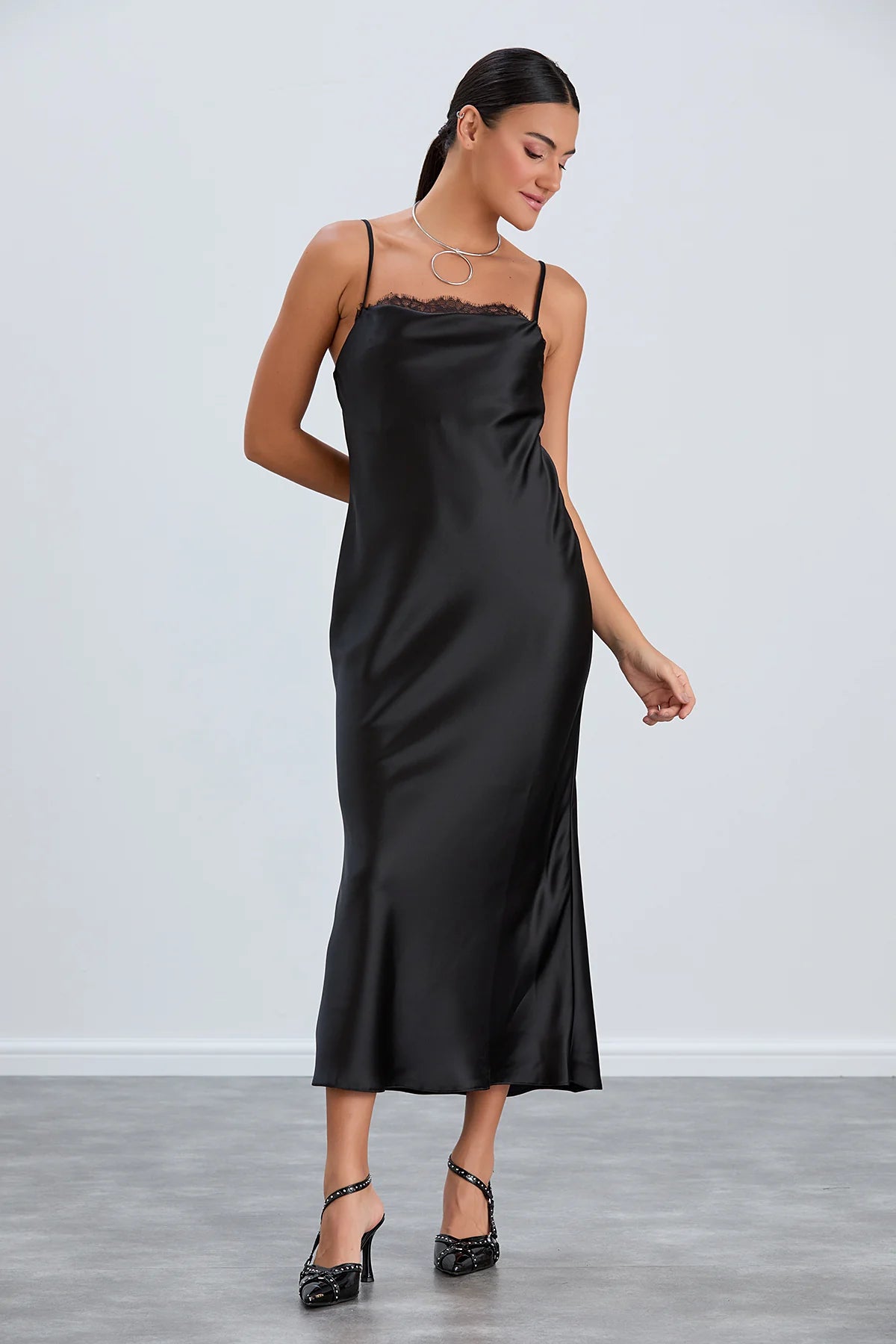 Satin Cami Midaxi Slip Dress in Black