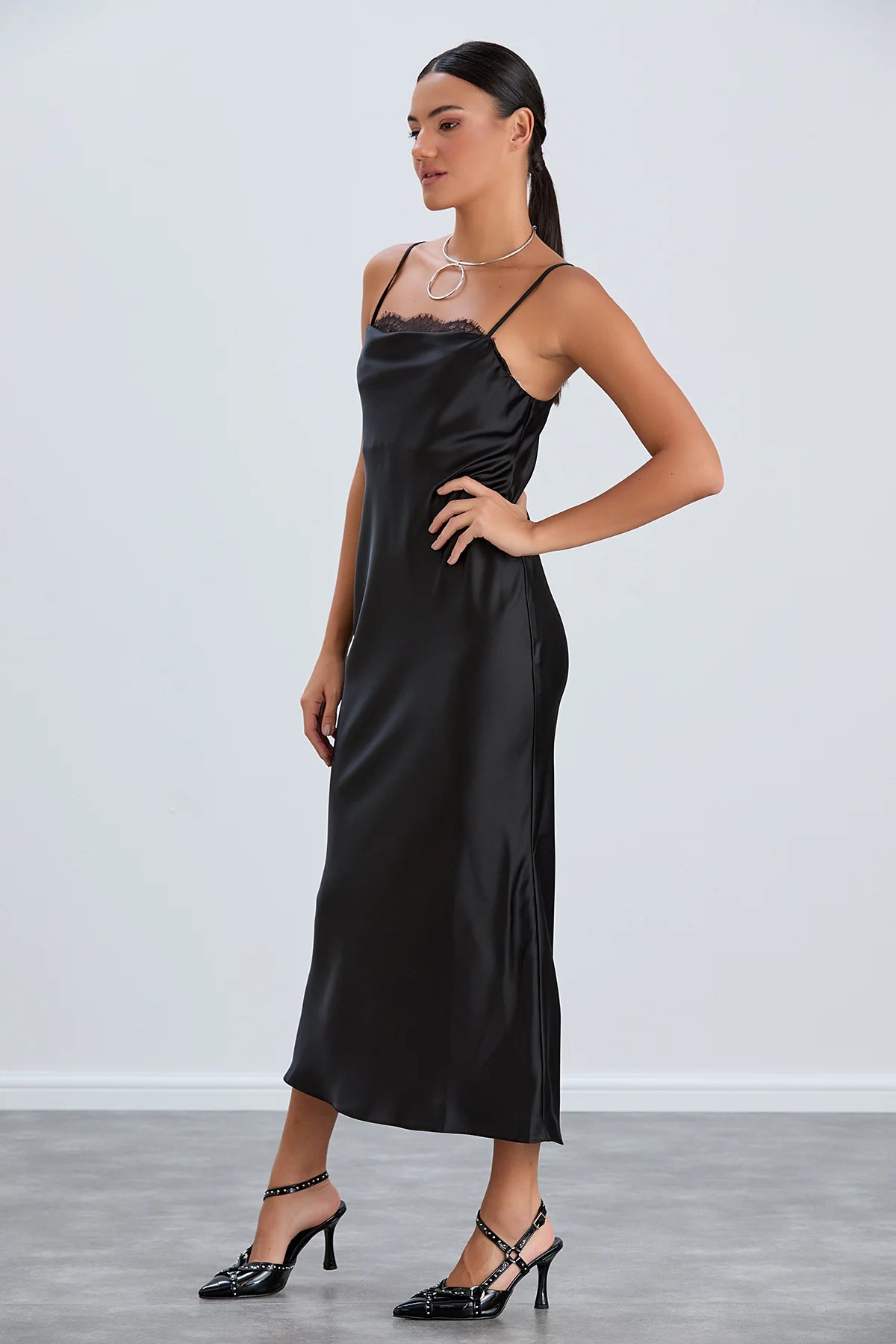 Satin Cami Midaxi Slip Dress in Black