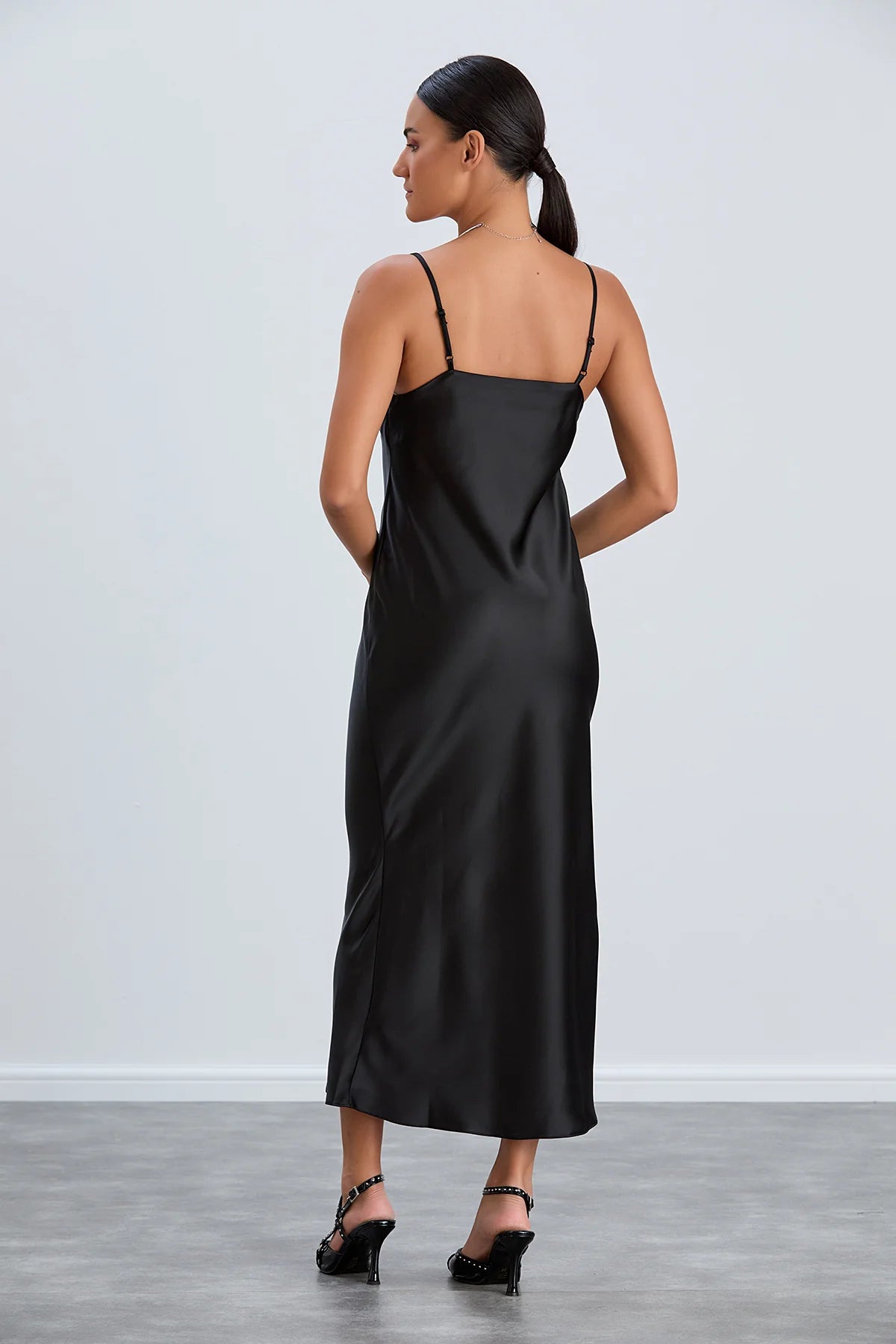 Satin Cami Midaxi Slip Dress in Black