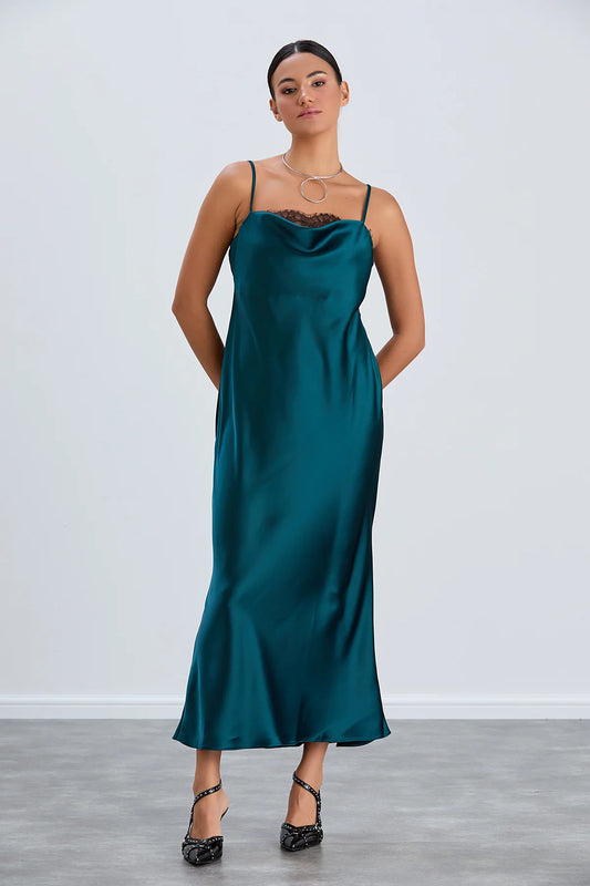 Satin Cami Midaxi Slip Dress in Green