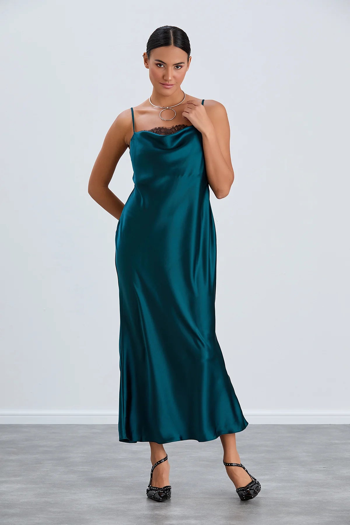 Satin Cami Midaxi Slip Dress in Green