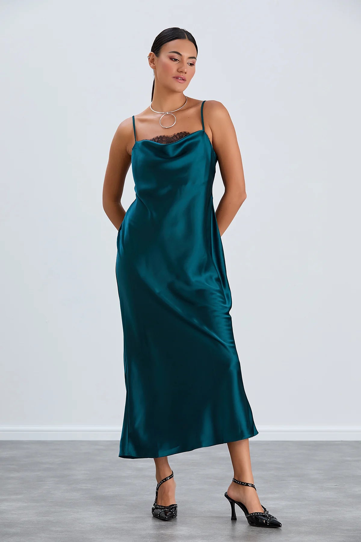 Satin Cami Midaxi Slip Dress in Green