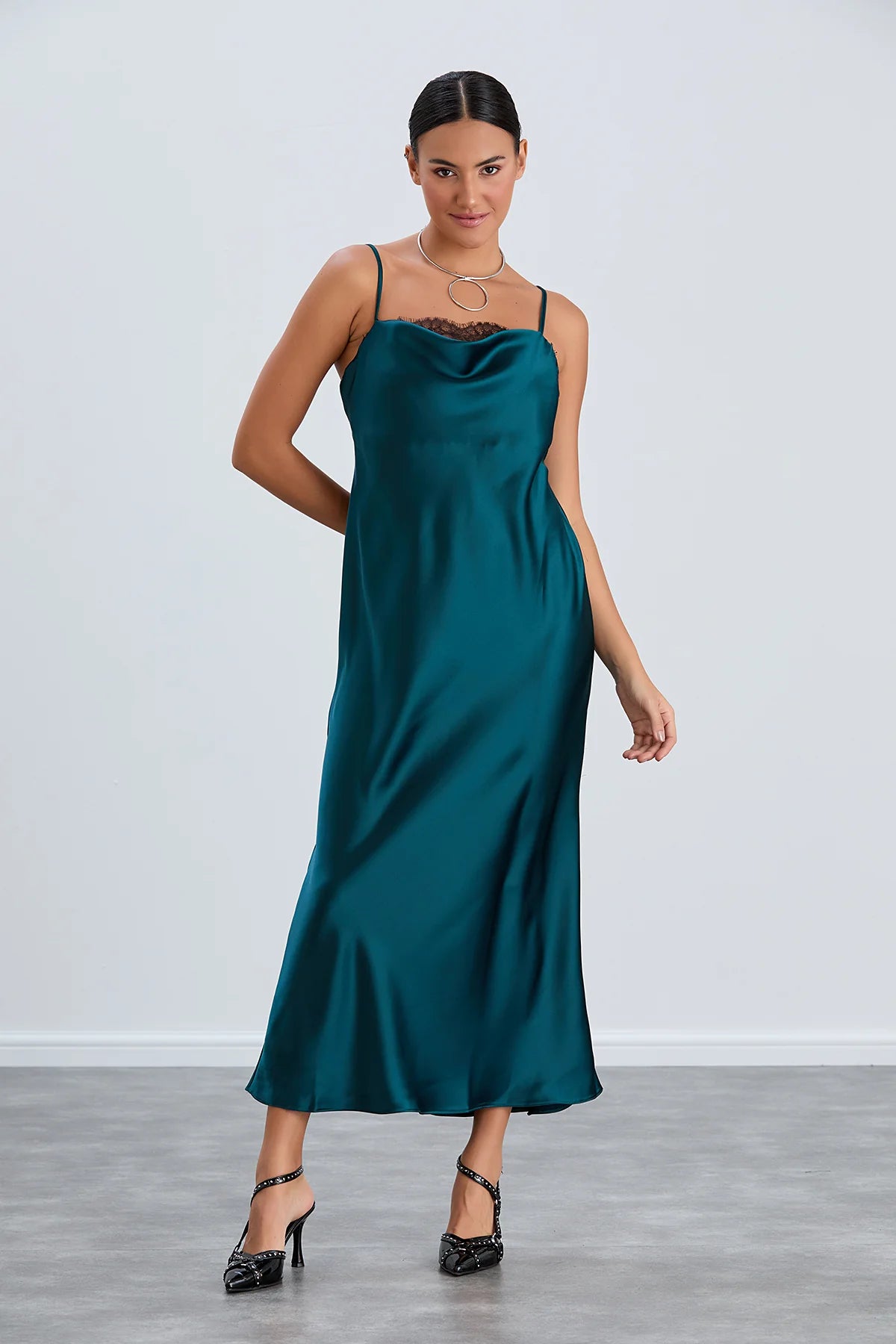 Satin Cami Midaxi Slip Dress in Green