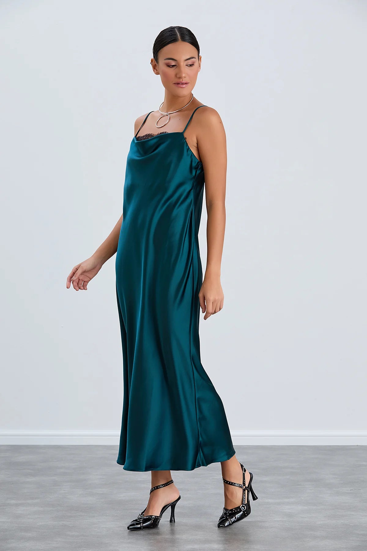 Satin Cami Midaxi Slip Dress in Green