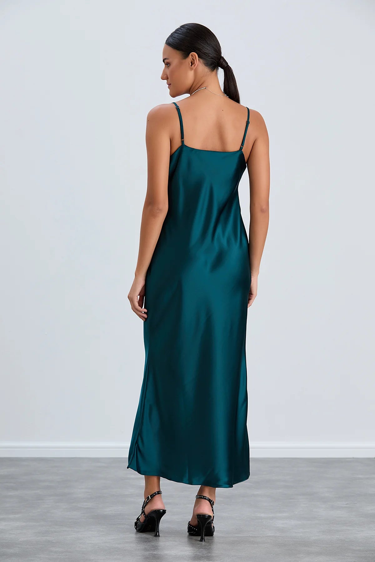 Satin Cami Midaxi Slip Dress in Green