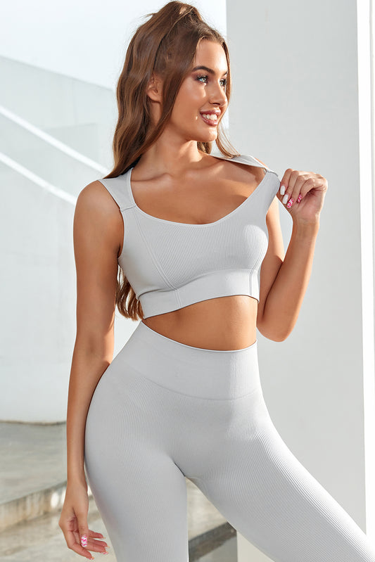 Grey Joint Straps Sleeveless Ribbed Gym Bra