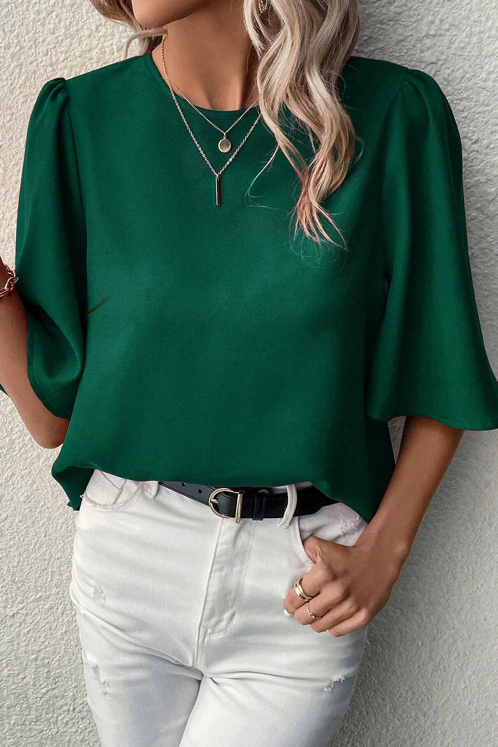 Green Satin Keyhole Back Wide Sleeve Blouse