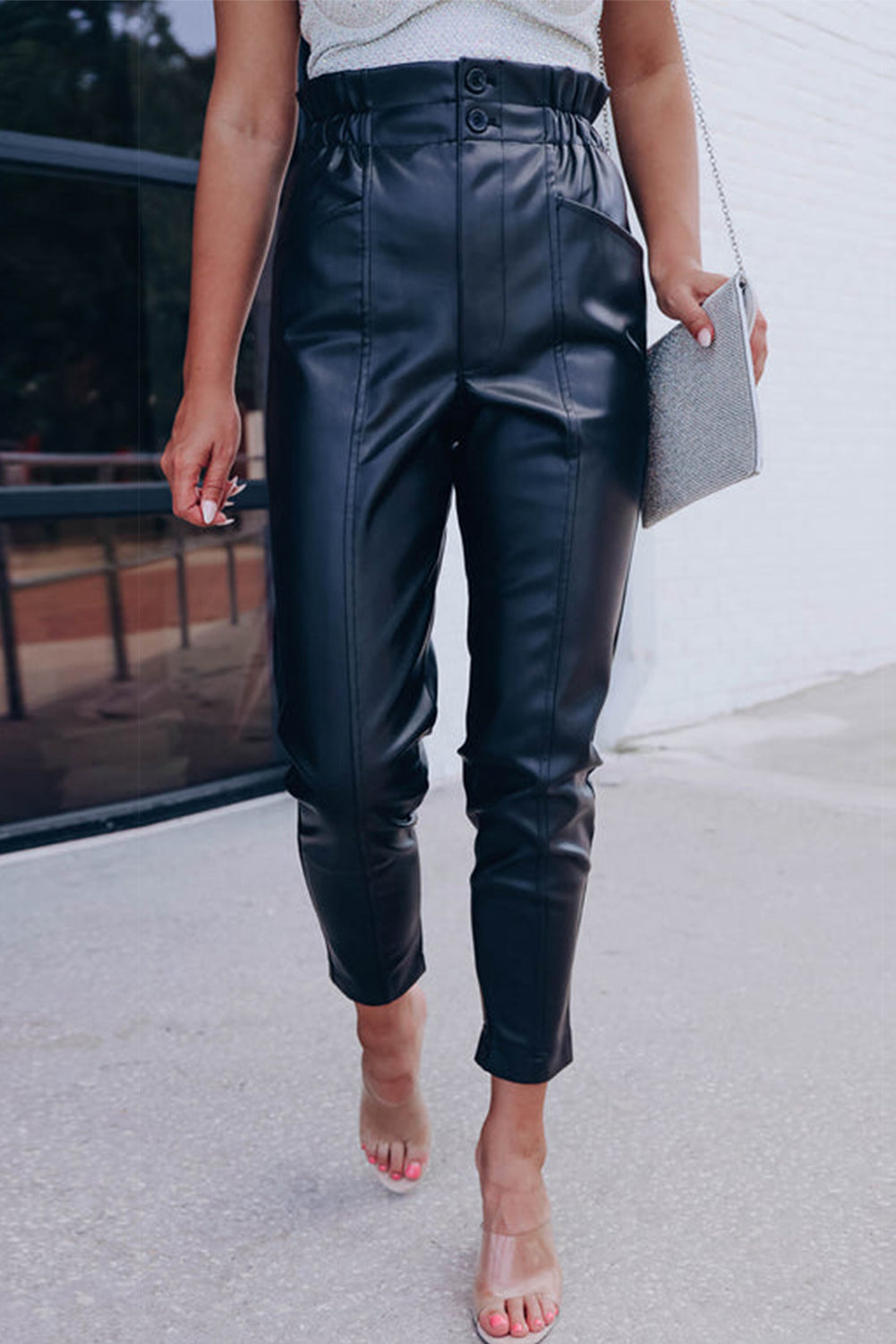 Black Smocked High Waist Faux Leather Skinny Trousers