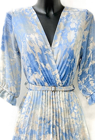 Blue Floral Belted Midi Dress