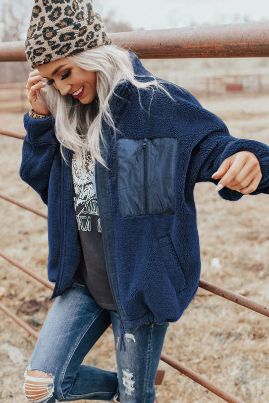 Blue Zip Up Sherpa Coat with Pocket