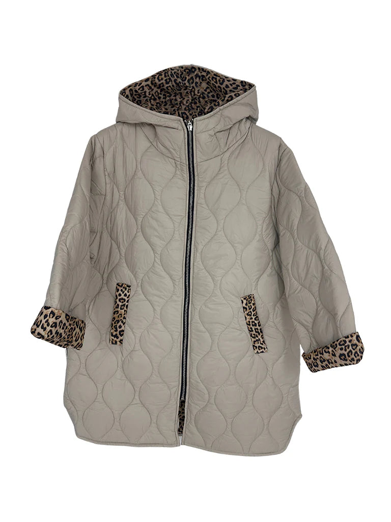 Animal Print Lined Coat in Taupe