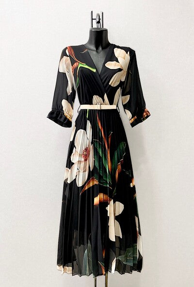 Black Floral Print Belted Midi Dress