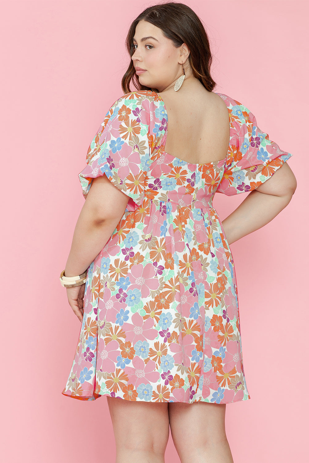 Multicolour Floral Puff Sleeve Square Neck Plus Size Babydoll Dress