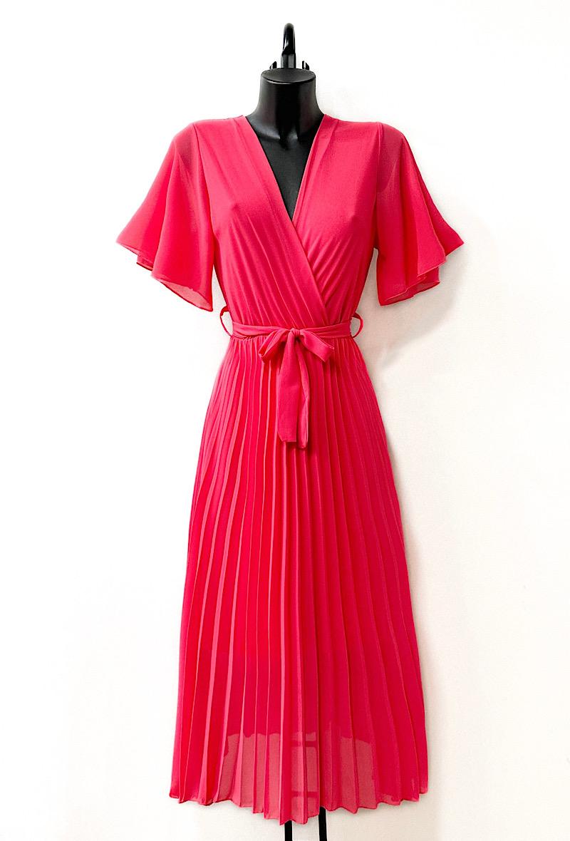 Coral Midi Pleated Dress with Belt