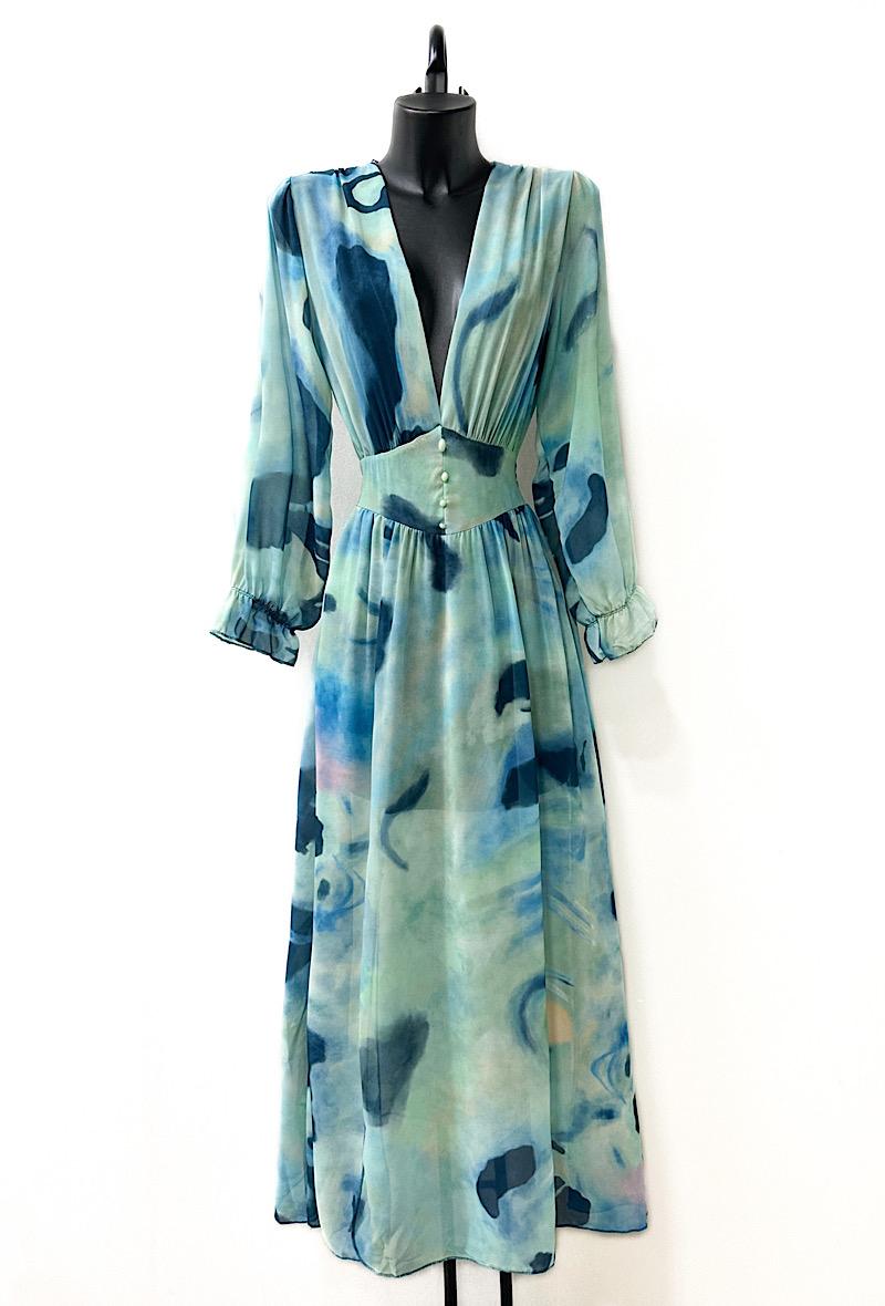 Blue Patterned Maxi Dress Made in Italy