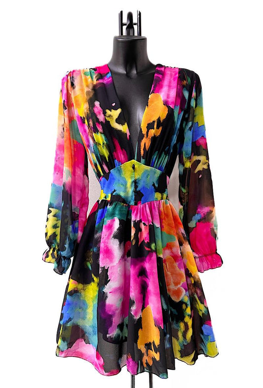 Black Rainbow Print Mini Dress Made in Italy