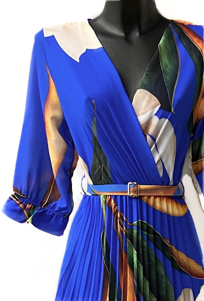 Royal Blue Floral Print Belted Midi Dress