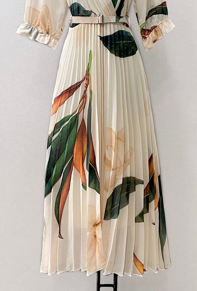 Ivory Floral Print Belted Midi Dress