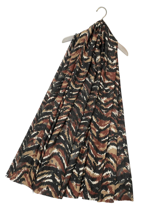 Tiger Camouflage Print Wool Scarf With Frayed Edge