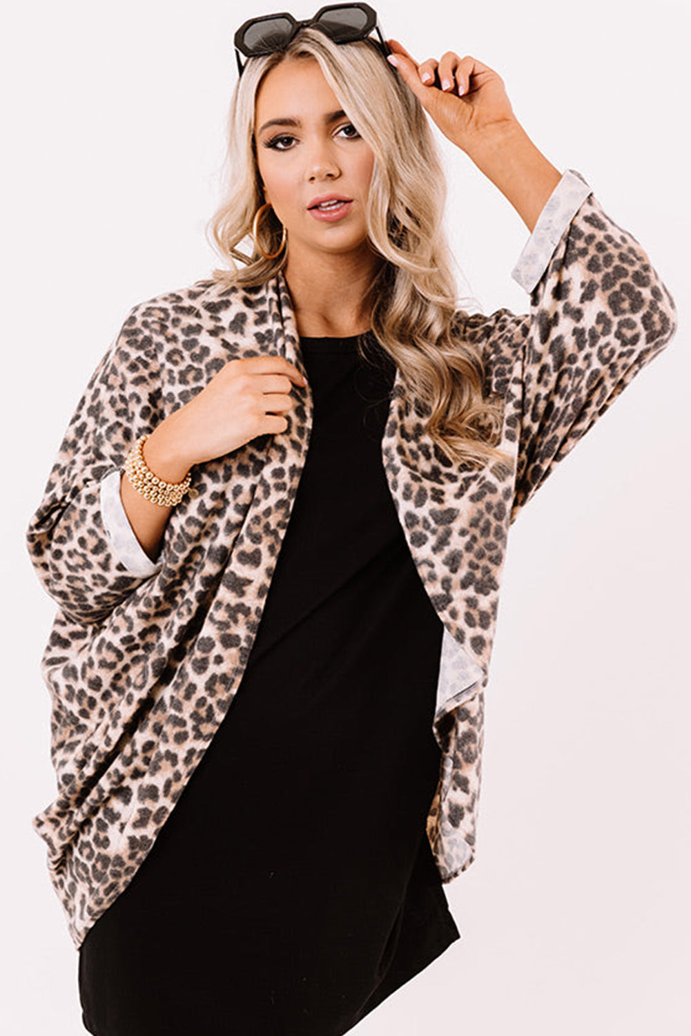 Leopard Print Batwing Sleeve Loose Tunic Cardigan