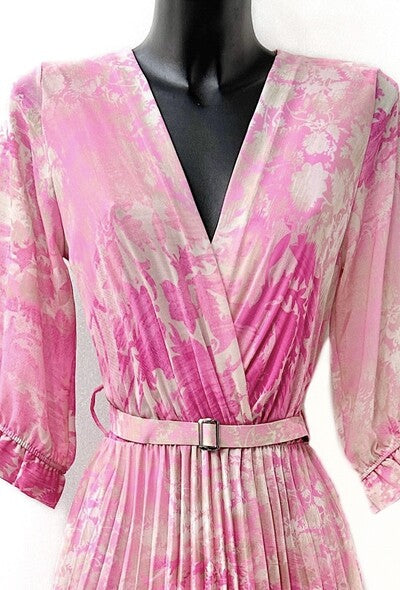 Pink Floral Belted Midi Dress