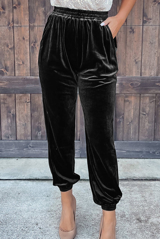 Black Solid Velvet Jogger Trousers