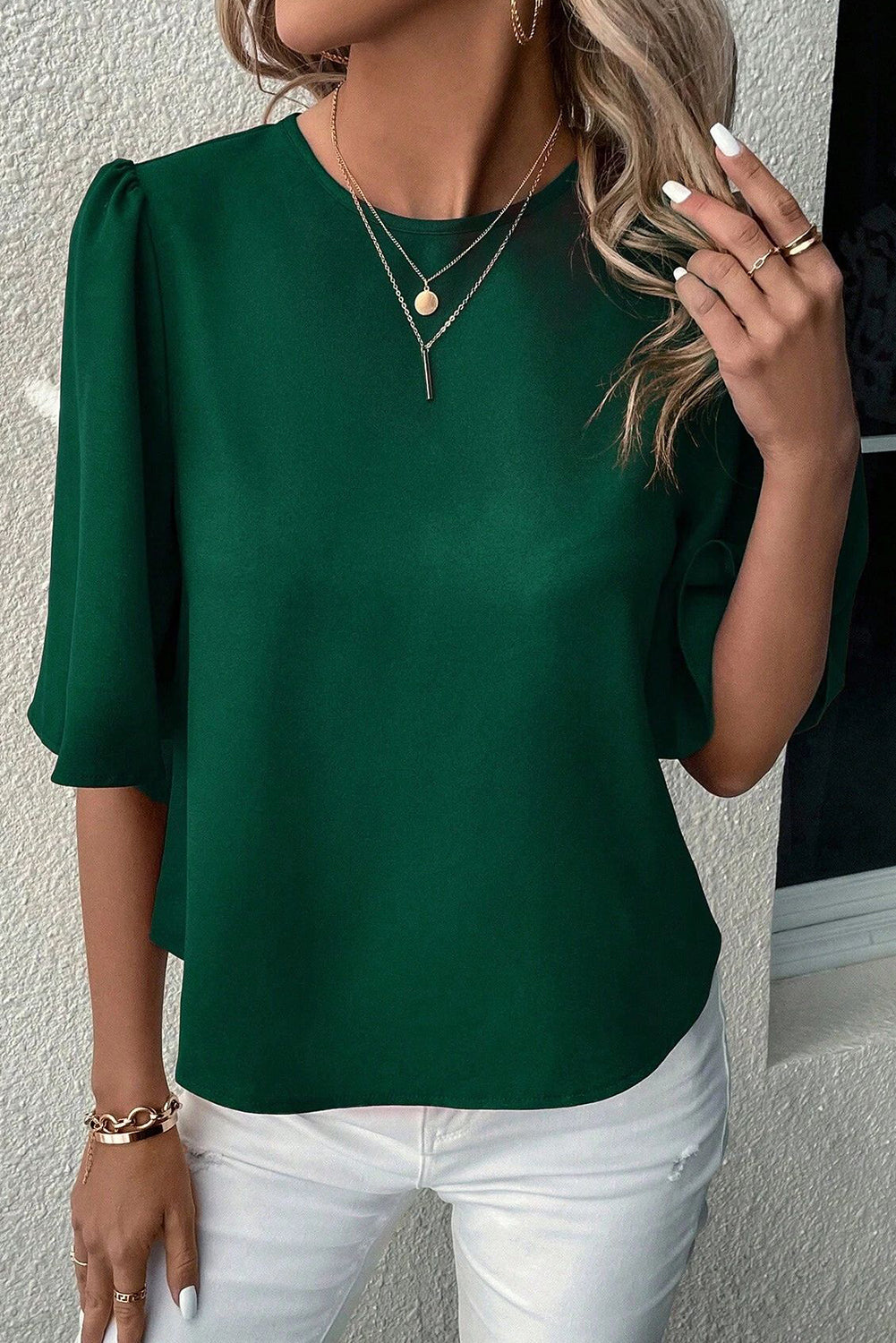 Green Satin Keyhole Back Wide Sleeve Blouse