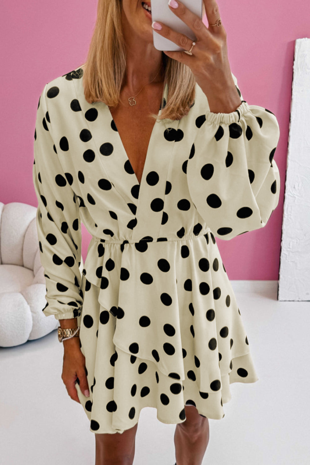 Beige Polka Dot Printed V Neck Puff Sleeve Mini Dress