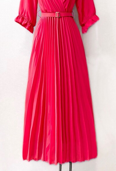 Raspberry Plain Belted Midi Dress Made in Italy