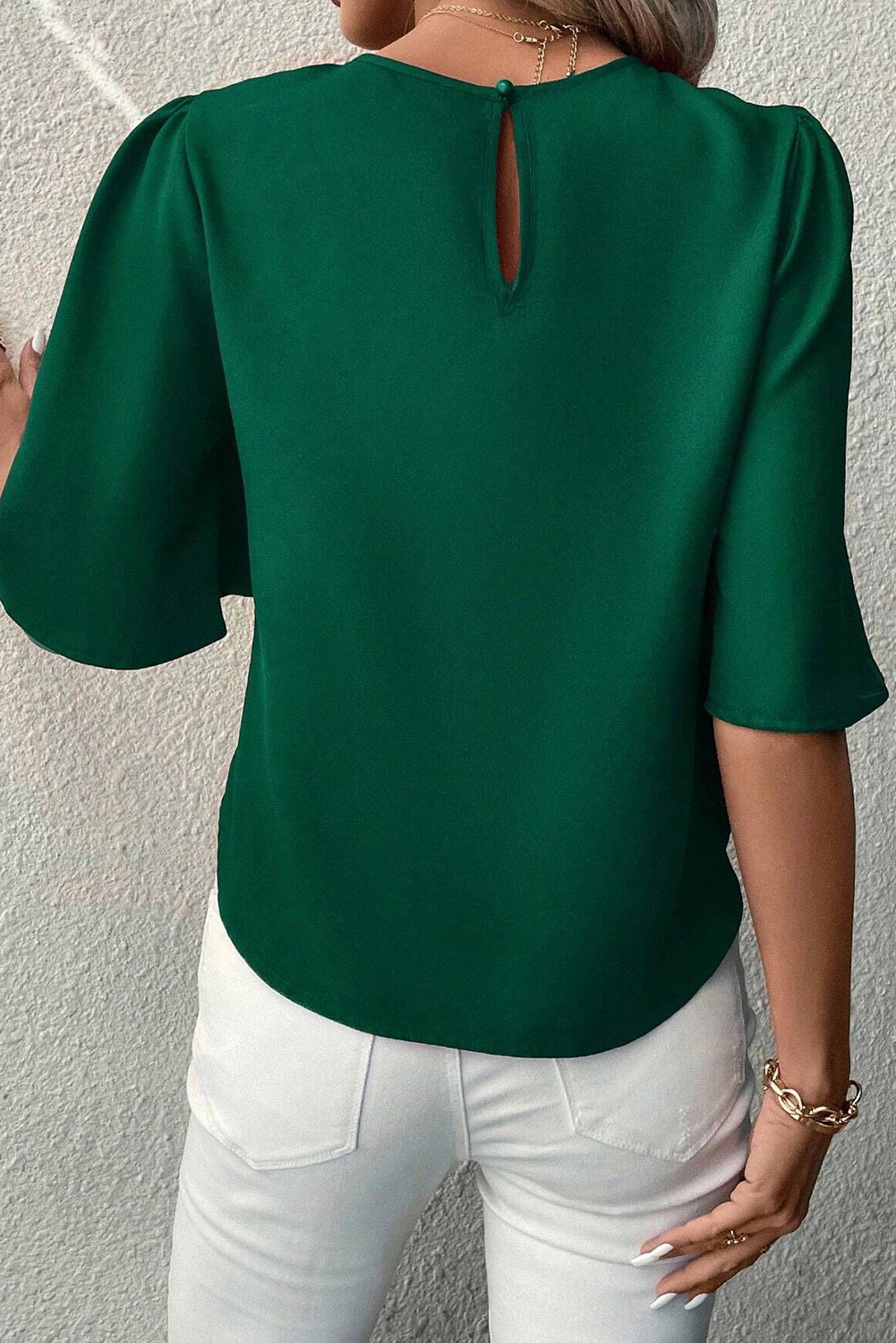 Green Satin Keyhole Back Wide Sleeve Blouse