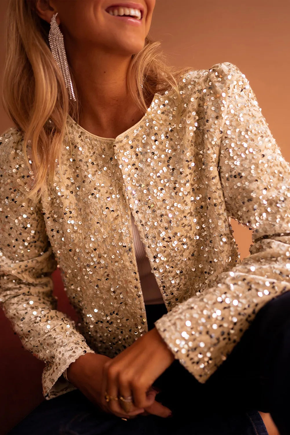 Golden Sequined Open Front Cropped Jacket