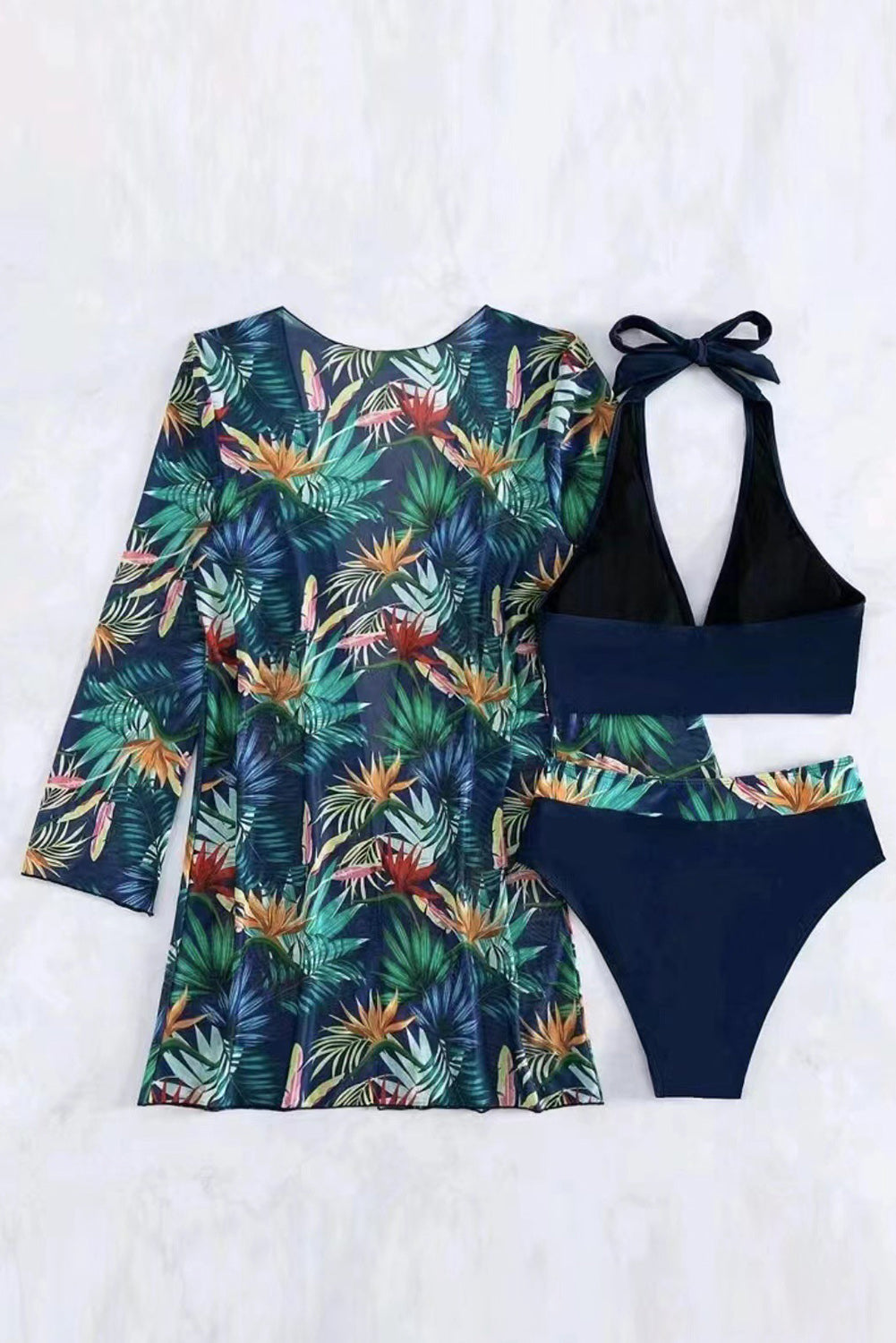 Navy Blue 3pcs Tropical Contrast Trim Halter Bikini Set with Cover up