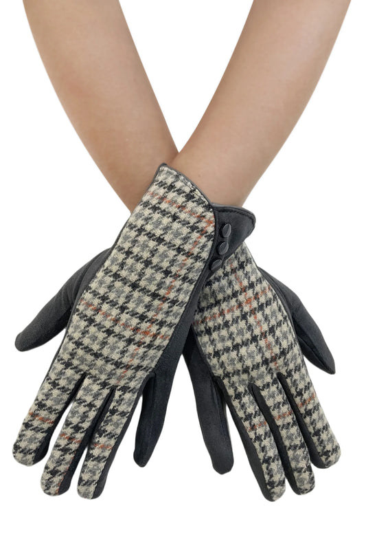 Houndstooth Print Touch Screen Gloves in Charcoal