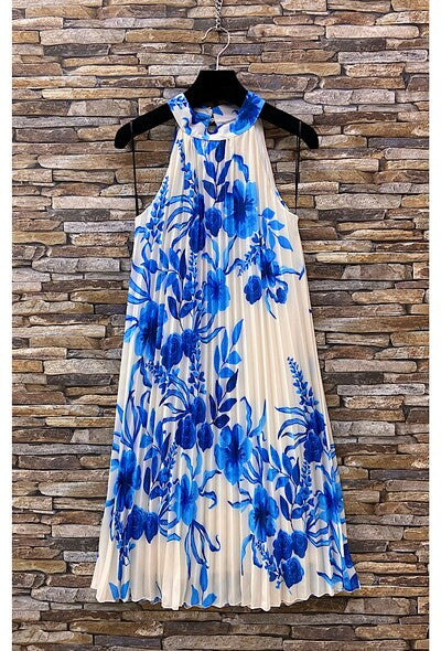 Blue Floral Pleated Halterneck Mini Dress