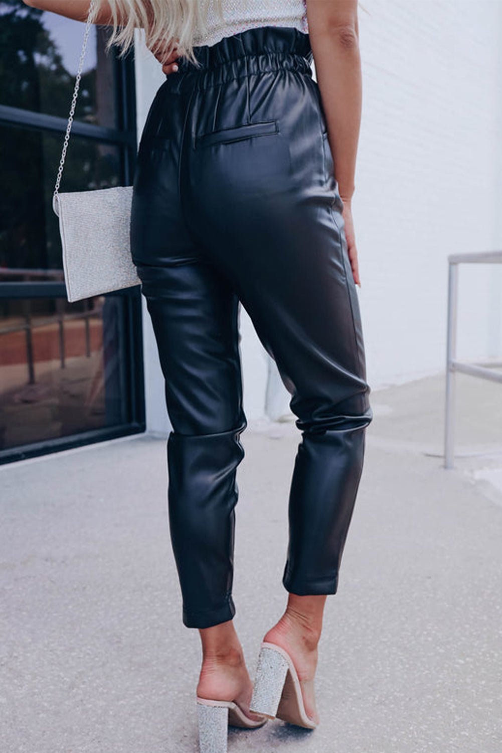 Black Smocked High Waist Faux Leather Skinny Trousers