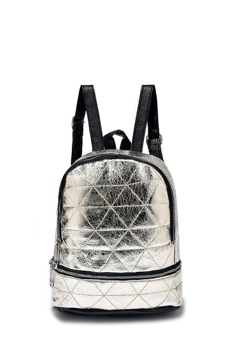 Metallic Foil & Safety Pin Zip Backpack in Gold