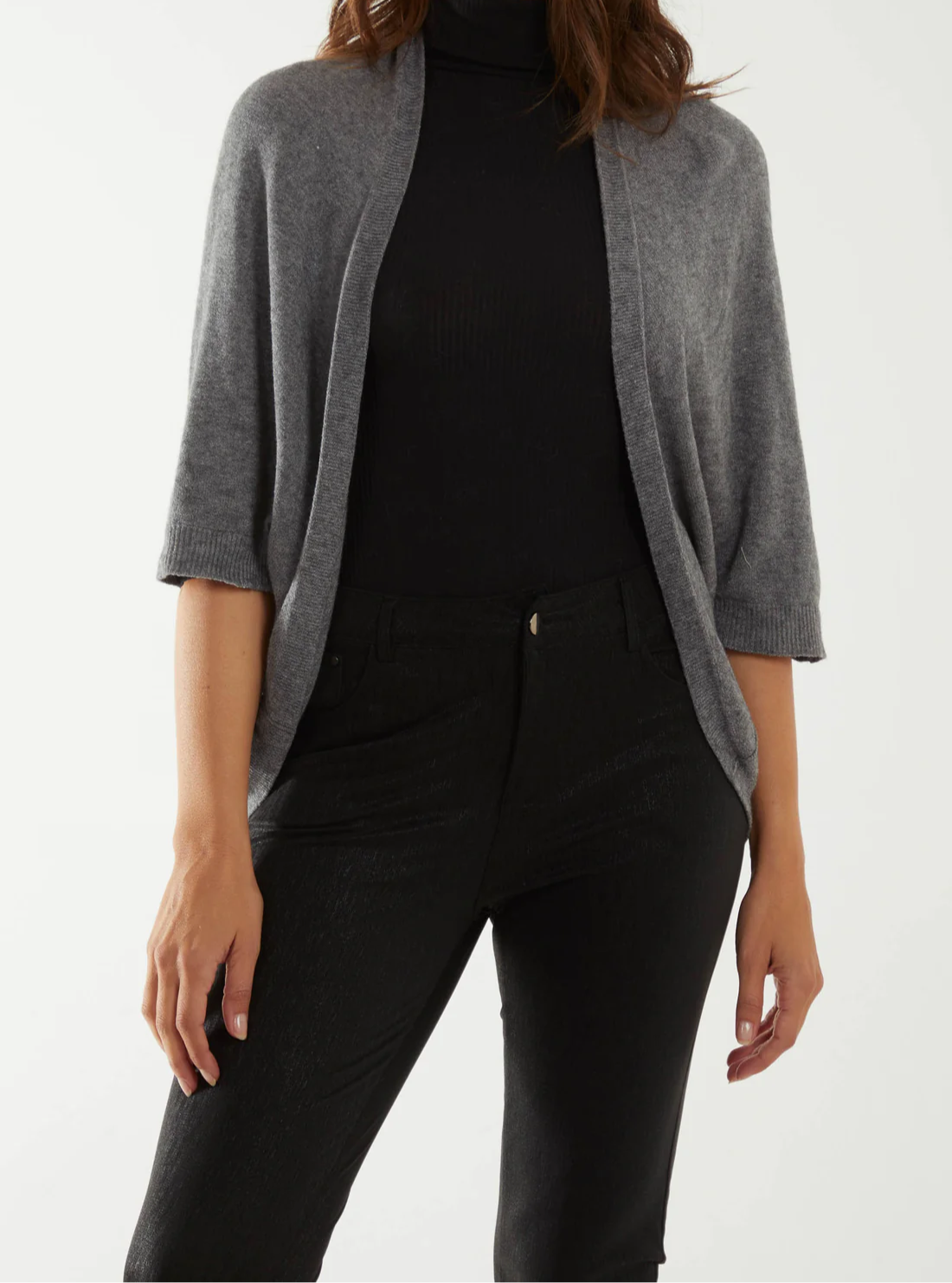 Fine Knit 3/4 Batwing Sleeve Cardigan in Grey