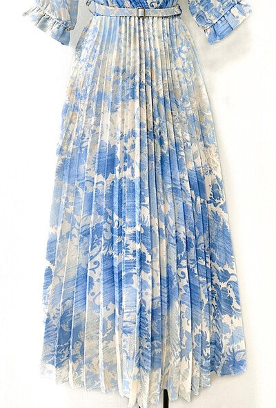 Blue Floral Belted Midi Dress