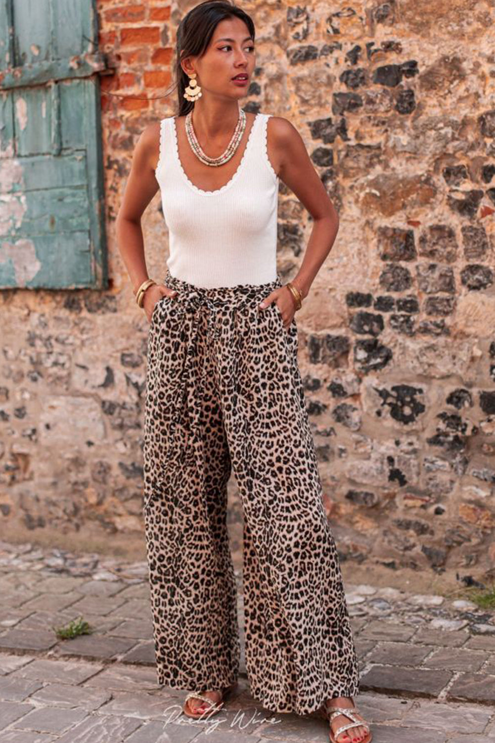 Desert Palm Boho Leopard Wide Leg Trousers