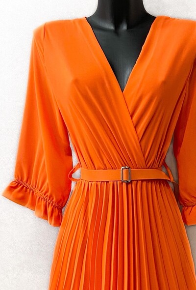 Orange Plain Belted Midi Dress