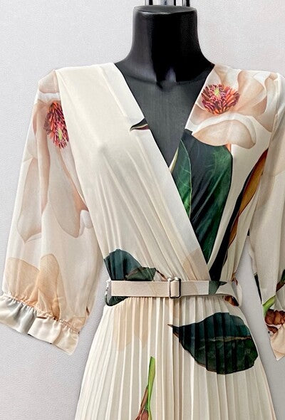Ivory Floral Print Belted Midi Dress