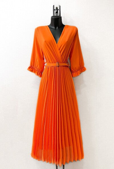 Orange Plain Belted Midi Dress