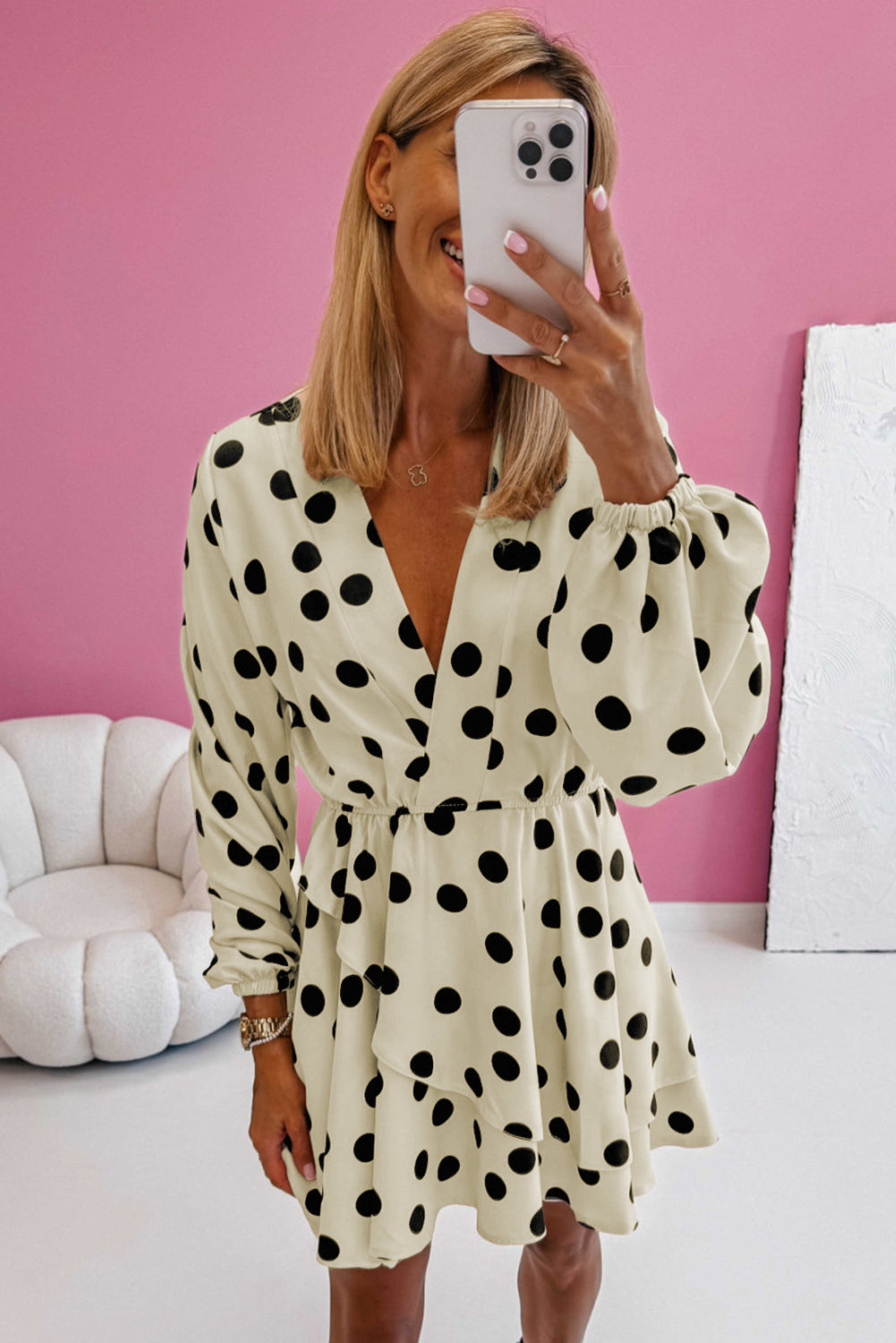 Beige Polka Dot Printed V Neck Puff Sleeve Mini Dress